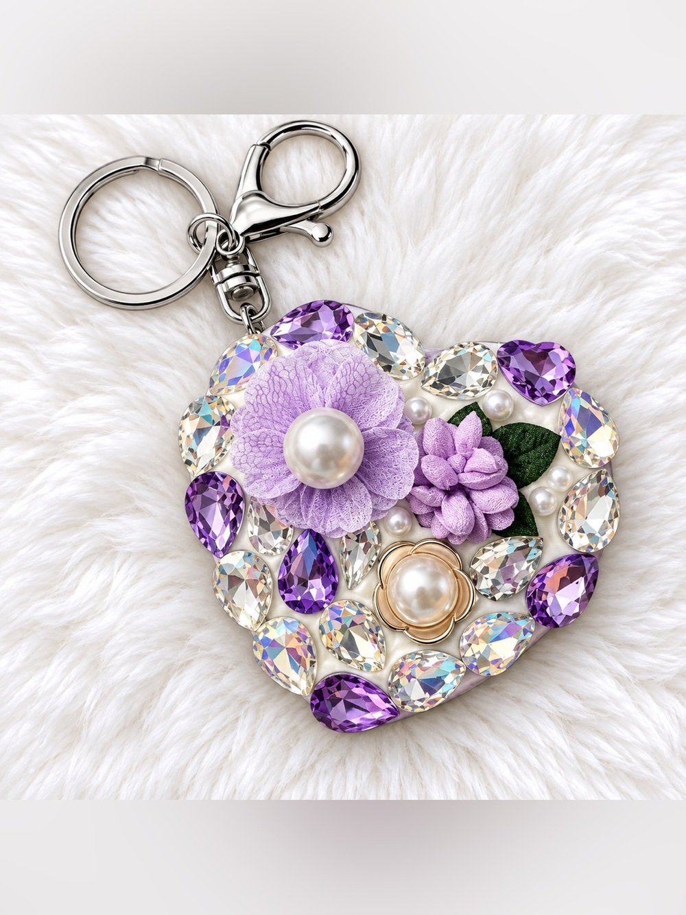Floral Purple Crystal and pearl Heart Keychain bag charm Mirror handcrafted